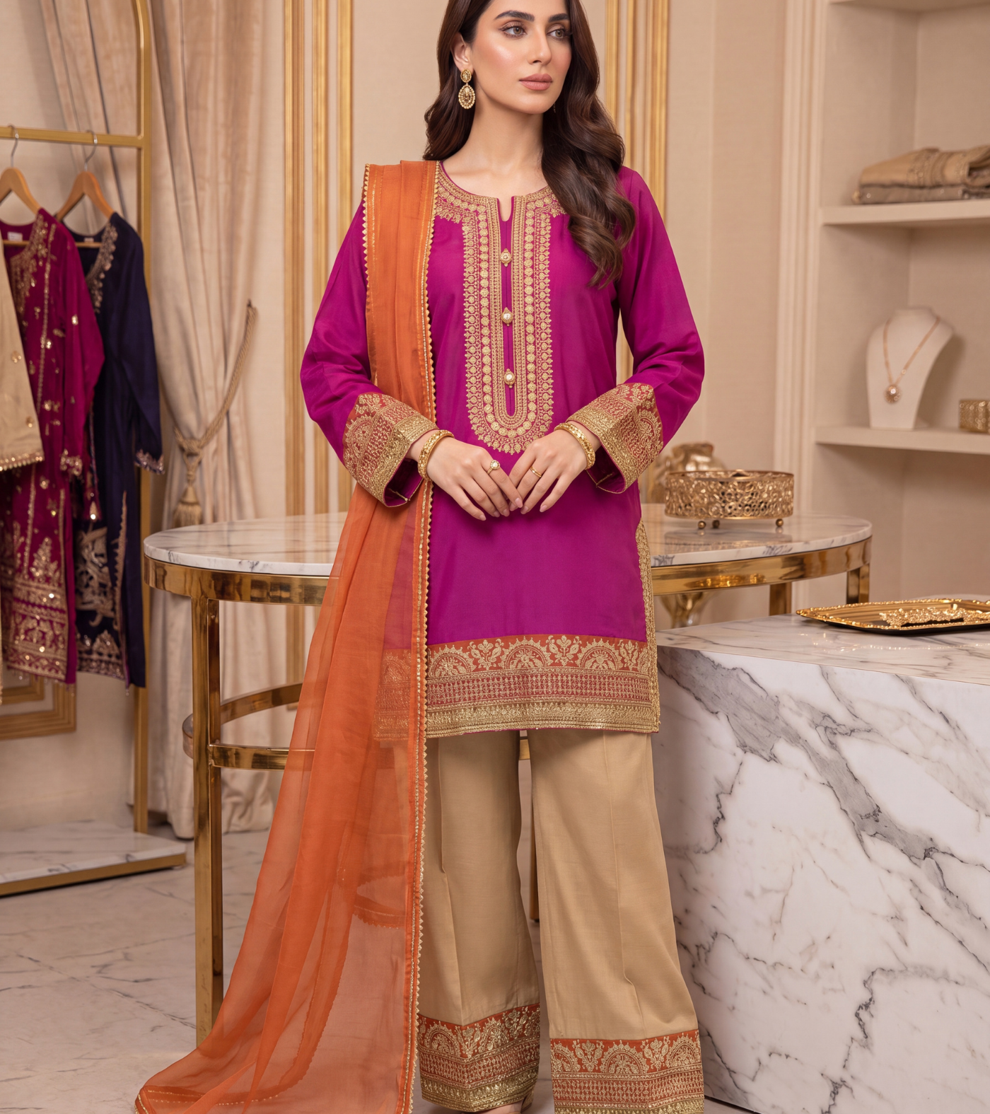 The Royal Fuchsia Zari Ensemble | 3-Piece Embroidered Suit