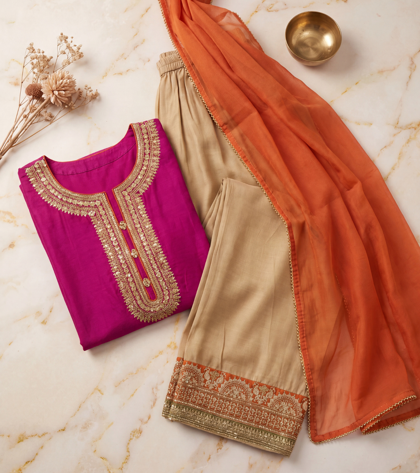 The Royal Fuchsia Zari Ensemble | 3-Piece Embroidered Suit