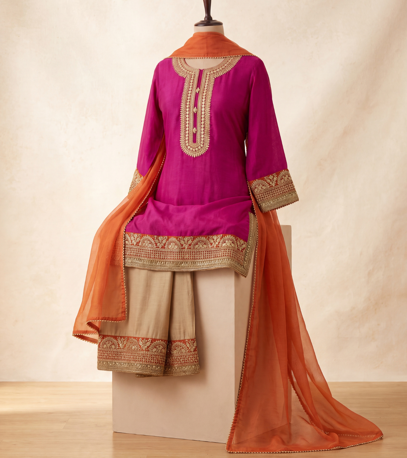 The Royal Fuchsia Zari Ensemble | 3-Piece Embroidered Suit
