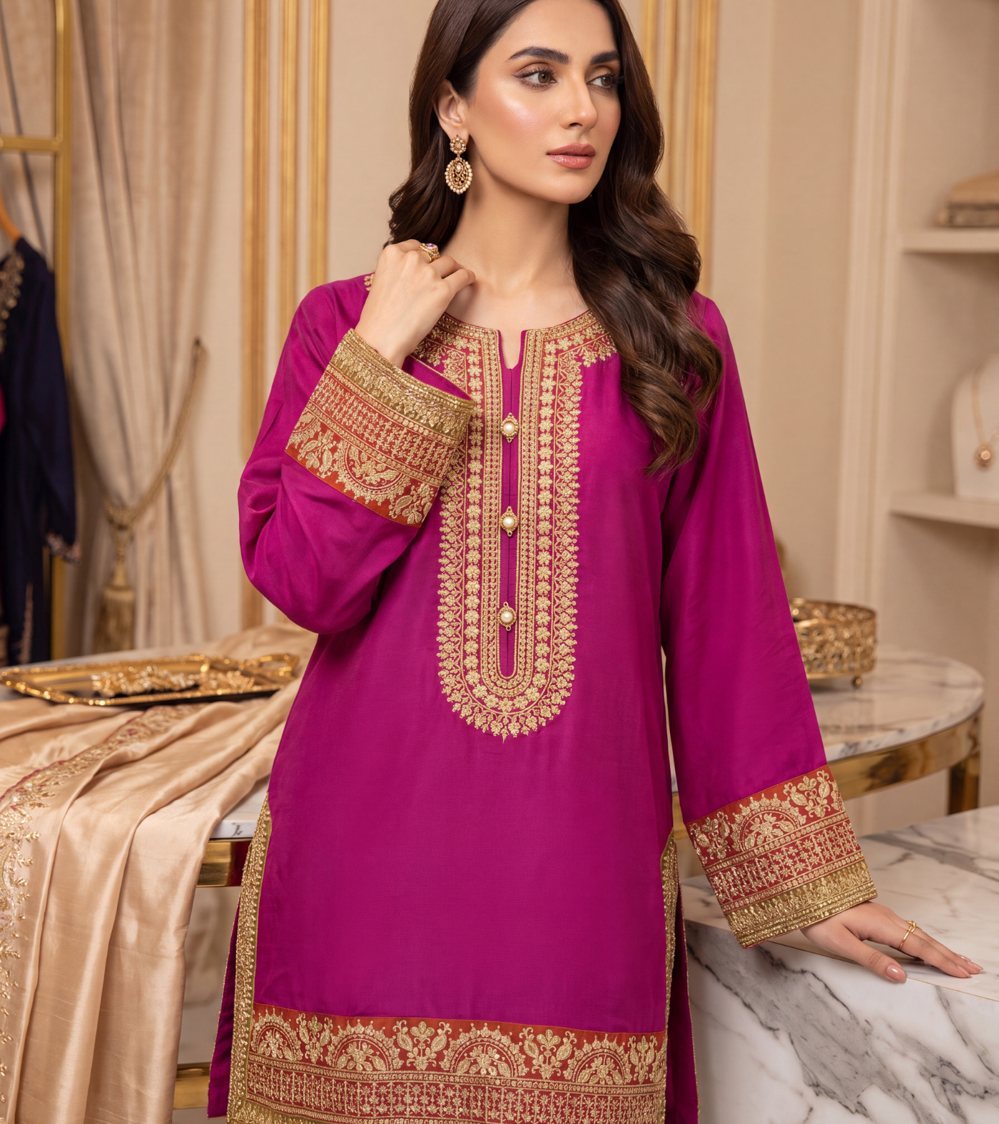 The Royal Fuchsia Zari Ensemble | 3-Piece Embroidered Suit